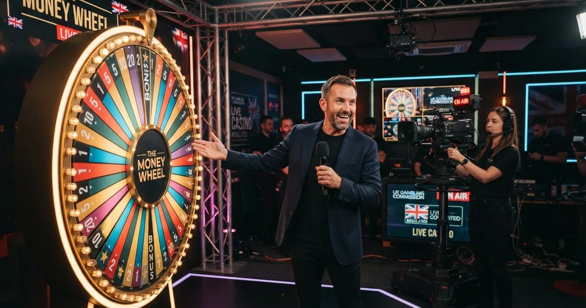 A live casino game-show studio with a presenter standing beside a large illuminated money wheel, surrounded by camera rigs and a digital betting display