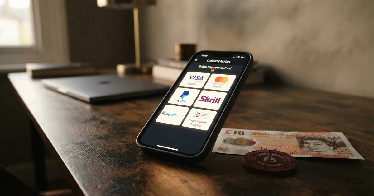 A UK online casino cashier screen showing multiple payment-method icons including Visa, Mastercard, PayPal, Apple Pay, Paysafecard and Trustly arranged as selectable options