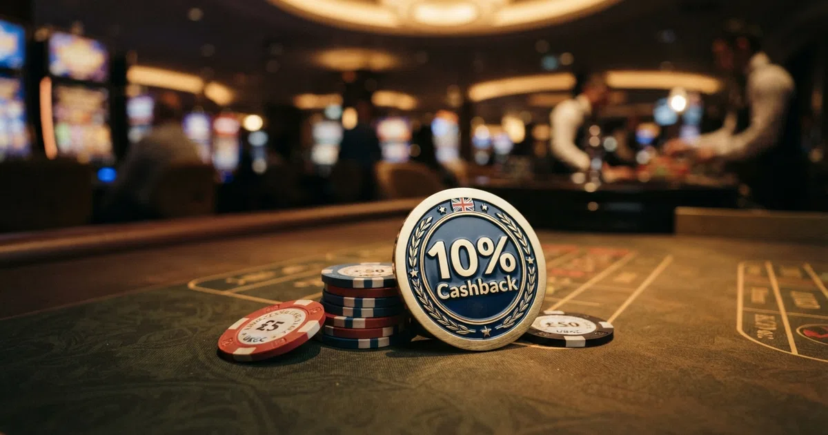 A cashback percentage badge beside a stack of pound coins on an online casino table
