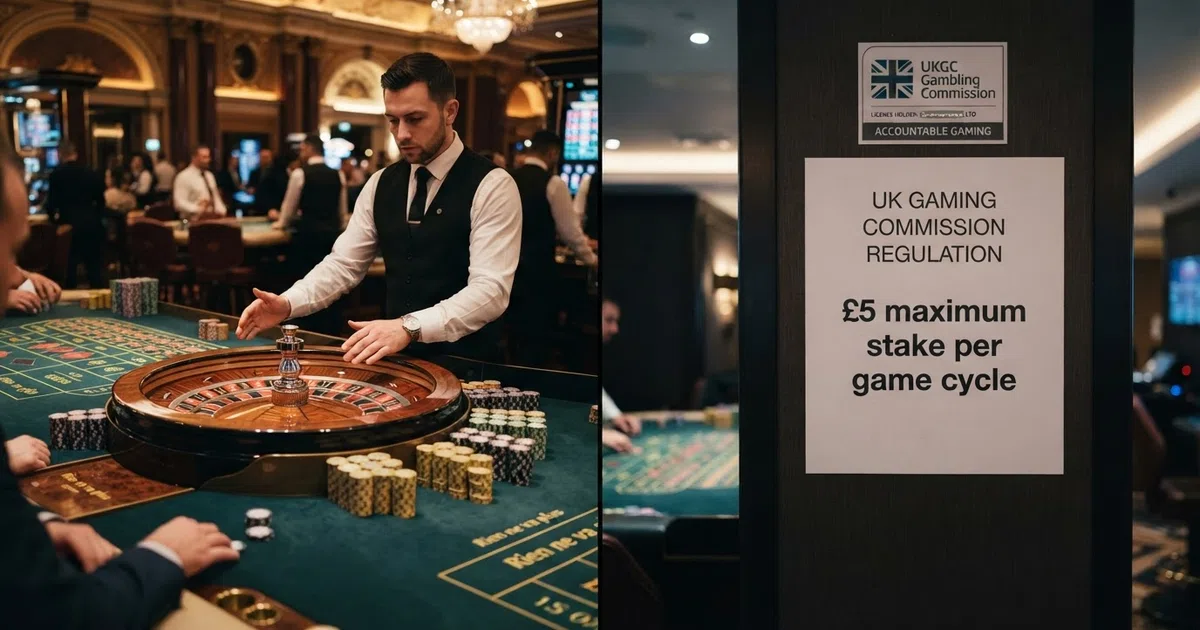 A split-frame visual: one side shows a high-stakes live-dealer roulette table in a casino setting, the other shows a regulatory notice reading “£5 maximum stake per game cycle”