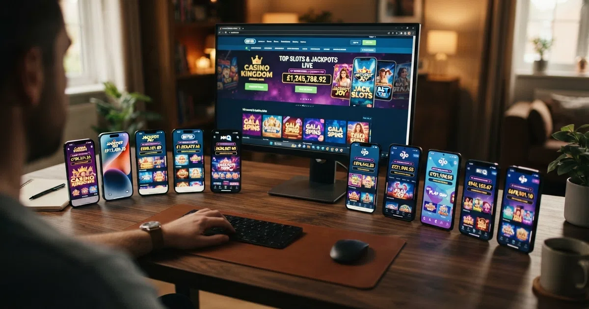 A grid of UK-licensed online casino homepages displayed on desktop and mobile screens, with jackpot slot tickers and progressive prize pools visible