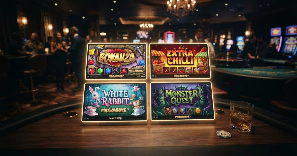 A grid of Big Time Gaming slot title cards — Bonanza, Extra Chilli, White Rabbit and Monster Quest — arranged on a dark background with the Megaways logo