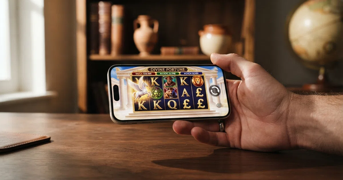 Divine Fortune slot game reels on screen showing ancient Greek mythology symbols — Pegasus, Medusa, and golden coins against a stone-temple background