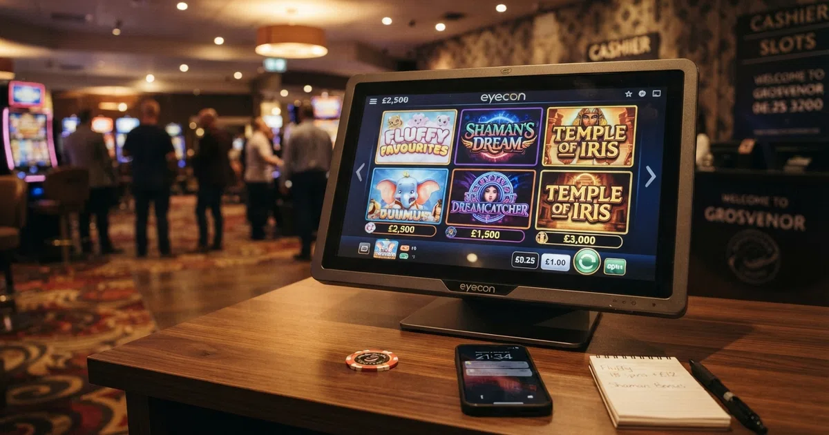 A colourful grid of Eyecon slot game tiles including Fluffy Favourites and Shaman's Dream, displayed on a desktop screen with a UK casino lobby visible in the background