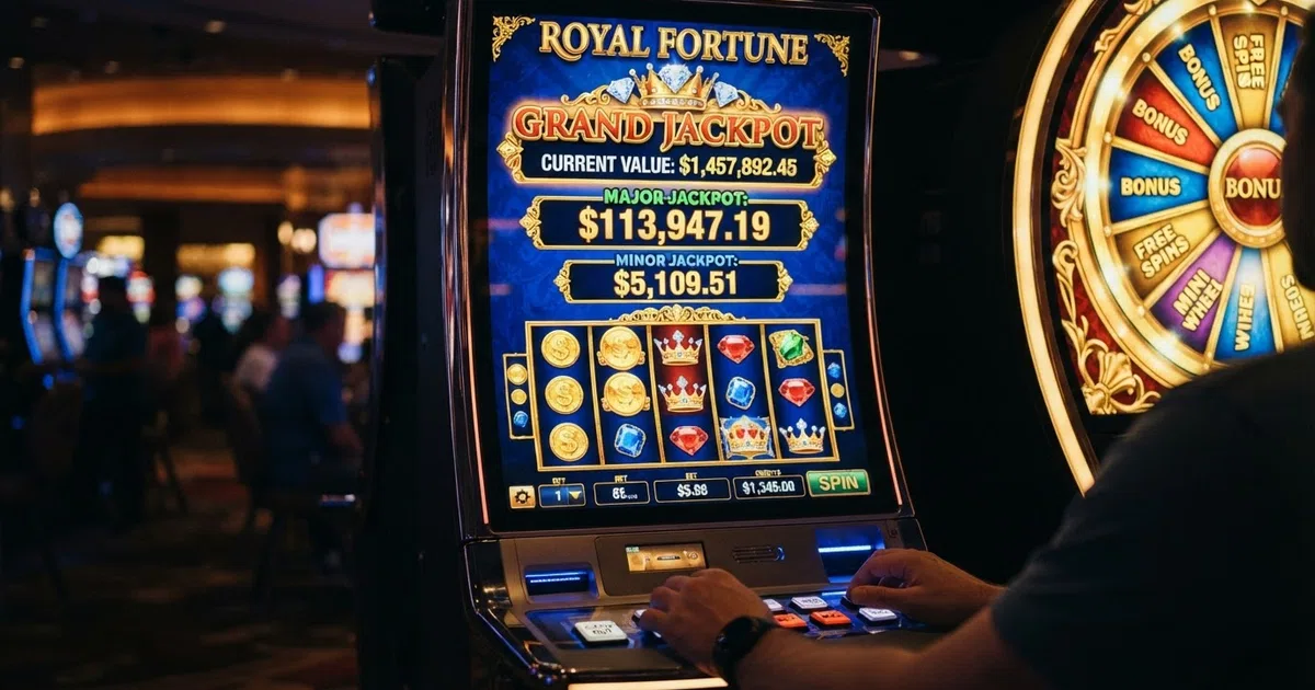 A digital illustration of the Jackpot King progressive jackpot interface showing the three tiered prize pots — Regal, Royal, and Jackpot King — with crown symbols and a prize ladder ascending toward the Wheel King bonus wheel