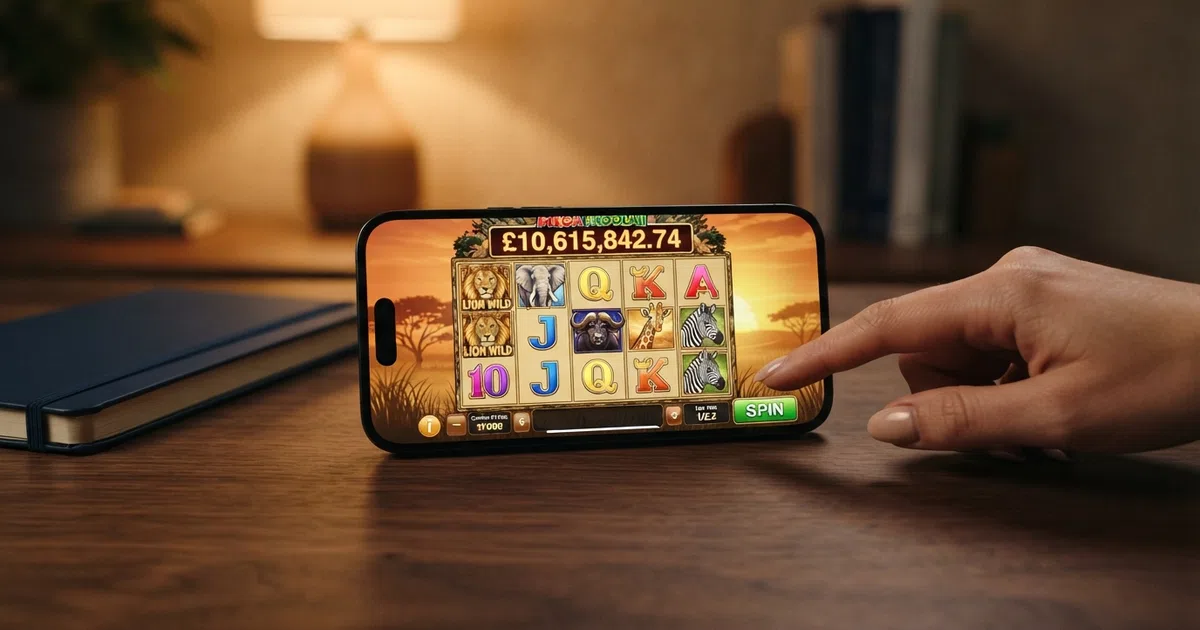 The Mega Moolah five-reel slot interface showing African safari symbols — lion, elephant, zebra and giraffe — against a savannah sunset backdrop, with the progressive jackpot total displayed above the reels