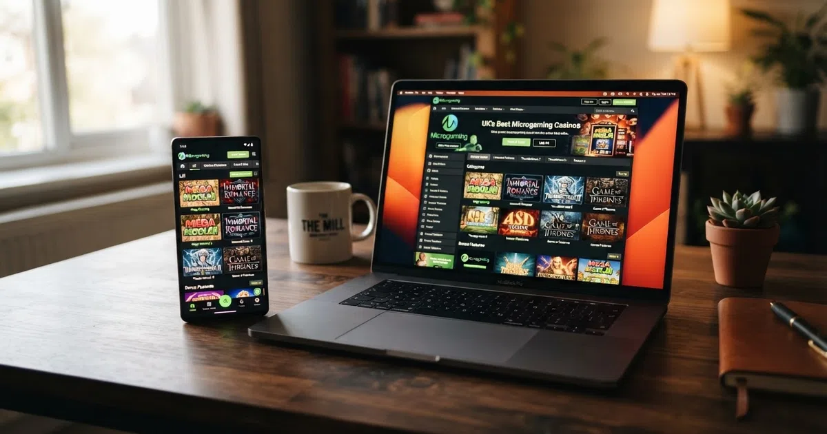 A smartphone and a laptop screen showing a grid of online slot games and casino site thumbnails