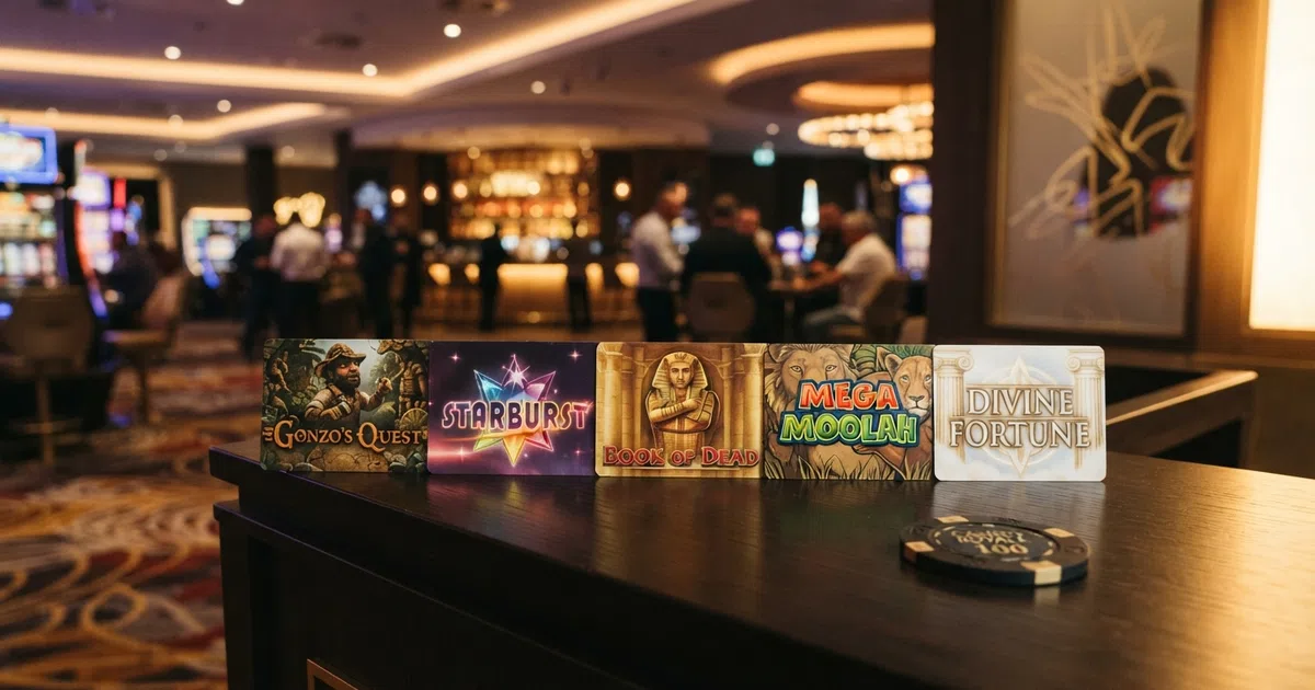 A row of NetEnt slot title cards — Starburst, Gonzo's Quest, Dead or Alive 2 and Blood Suckers — arranged on a dark gradient background with the NetEnt logo