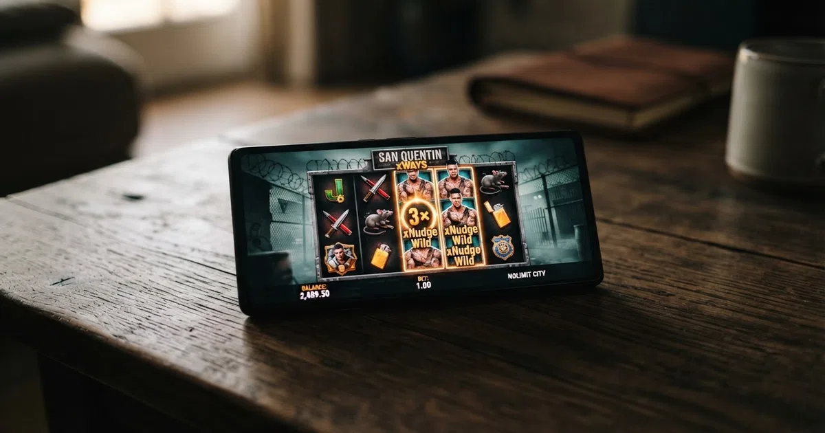 Nolimit City slot reels on a smartphone screen, showing an xNudge wild nudging into place with the multiplier counter visible