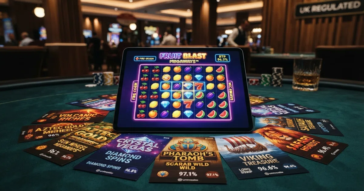 Grid of Push Gaming slot title cards including Jammin' Jars Razor Shark and Big Bamboo arranged above the logos of UK-licensed casino operators