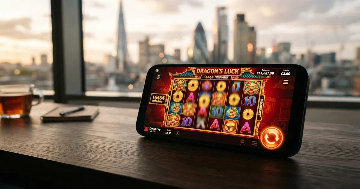 A Red Tiger Gaming branded slot interface on a smartphone screen, showing a Megaways title with the spin button and game info panel visible