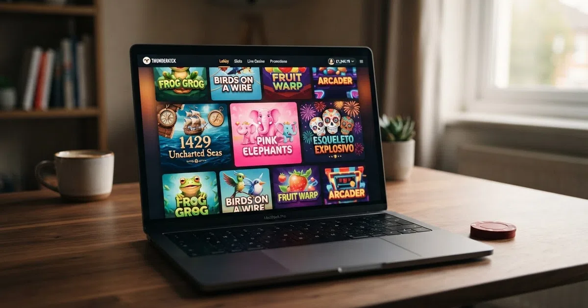 Grid of Thunderkick slot game tiles on a UK casino lobby screen, showing titles including 1429 Uncharted Seas, Pink Elephants and Esqueleto Explosivo alongside operator branding