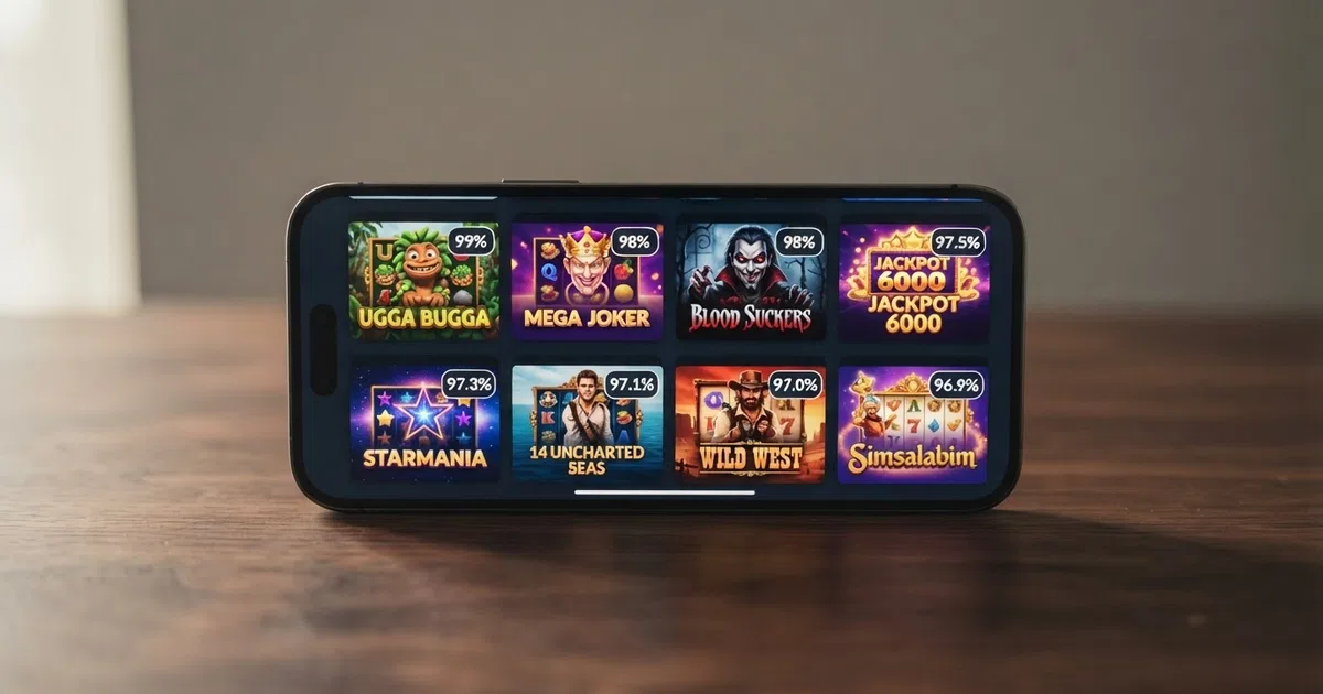 A grid of high-RTP online slot title screens showing colourful reels and their RTP percentage badges overlaid