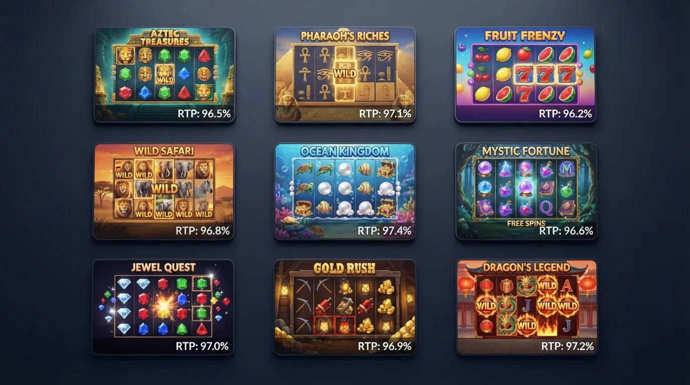 A side-by-side grid of the top nine penny-slot game tiles — Book of Dead, Starburst, Big Bass Bonanza, Sweet Bonanza and others — with their RTP percentages overlaid on each tile