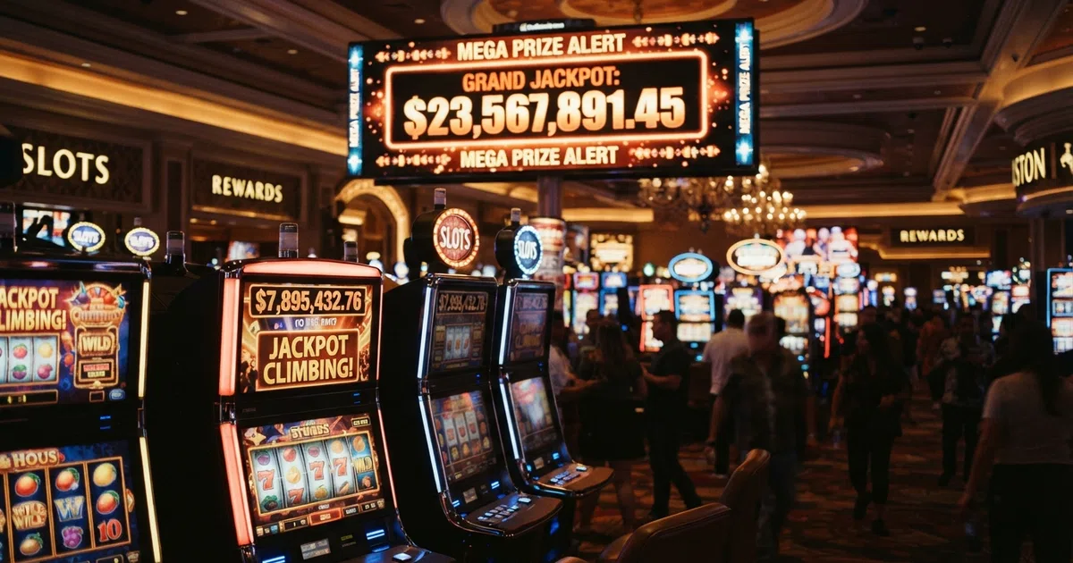 Colourful online slot reels in a casino lobby with a large rising jackpot total displayed above them.