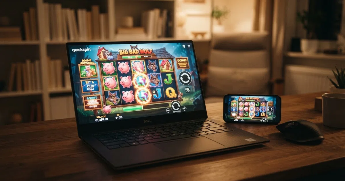 A browser window displaying a Quickspin slot game on a casino lobby page with the Quickspin logo visible, game thumbnails and a search bar in view