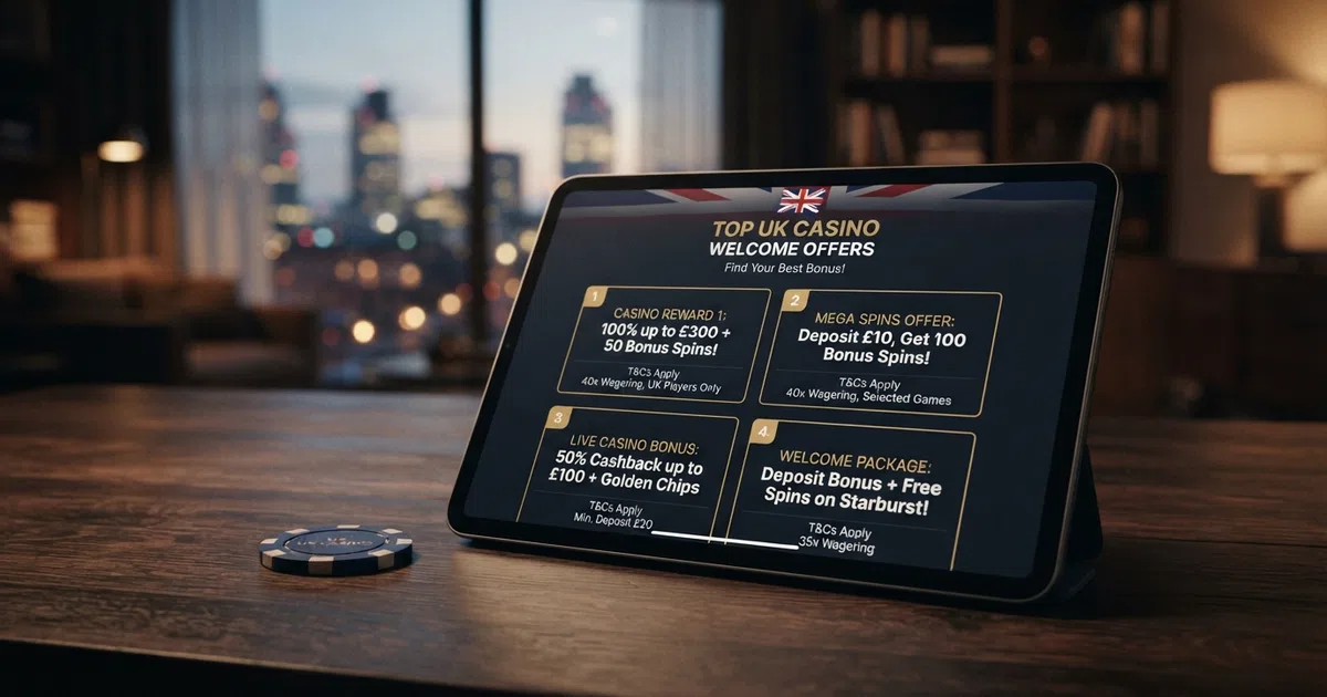 A comparison-table grid on a screen showing UK casino welcome offers, with a Union Jack design element and the Relax Gaming wordmark visible