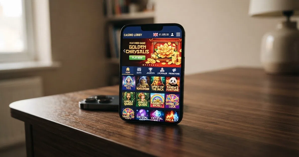 RTG casino lobby interface with slot thumbnails arranged in a grid, navigation menu visible, and a featured game banner at the top