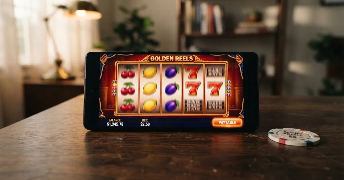 Close-up of an online slot game screen with spinning reels and a paytable button