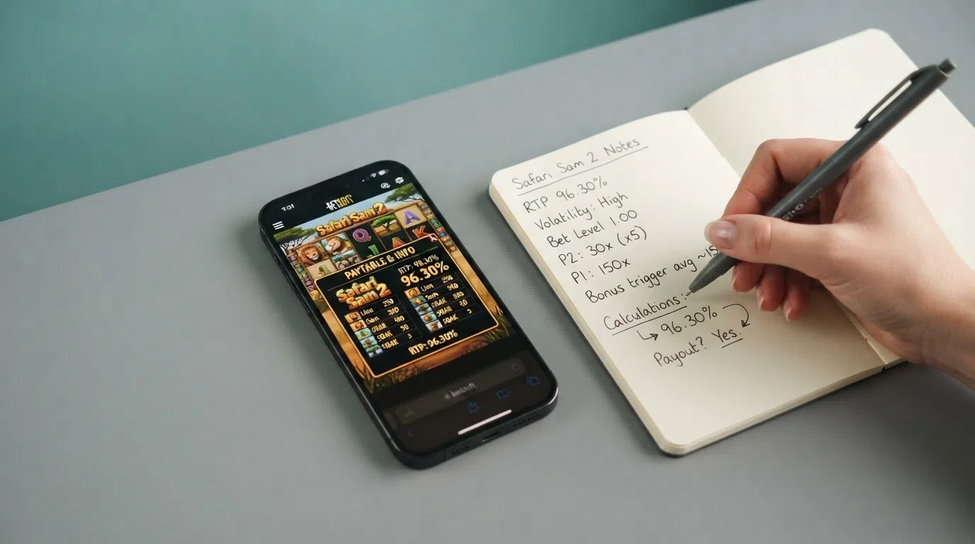 A smartphone screen displaying a Betsoft slot game reel set mid-spin, with the paytable and RTP figure visible in the game interface