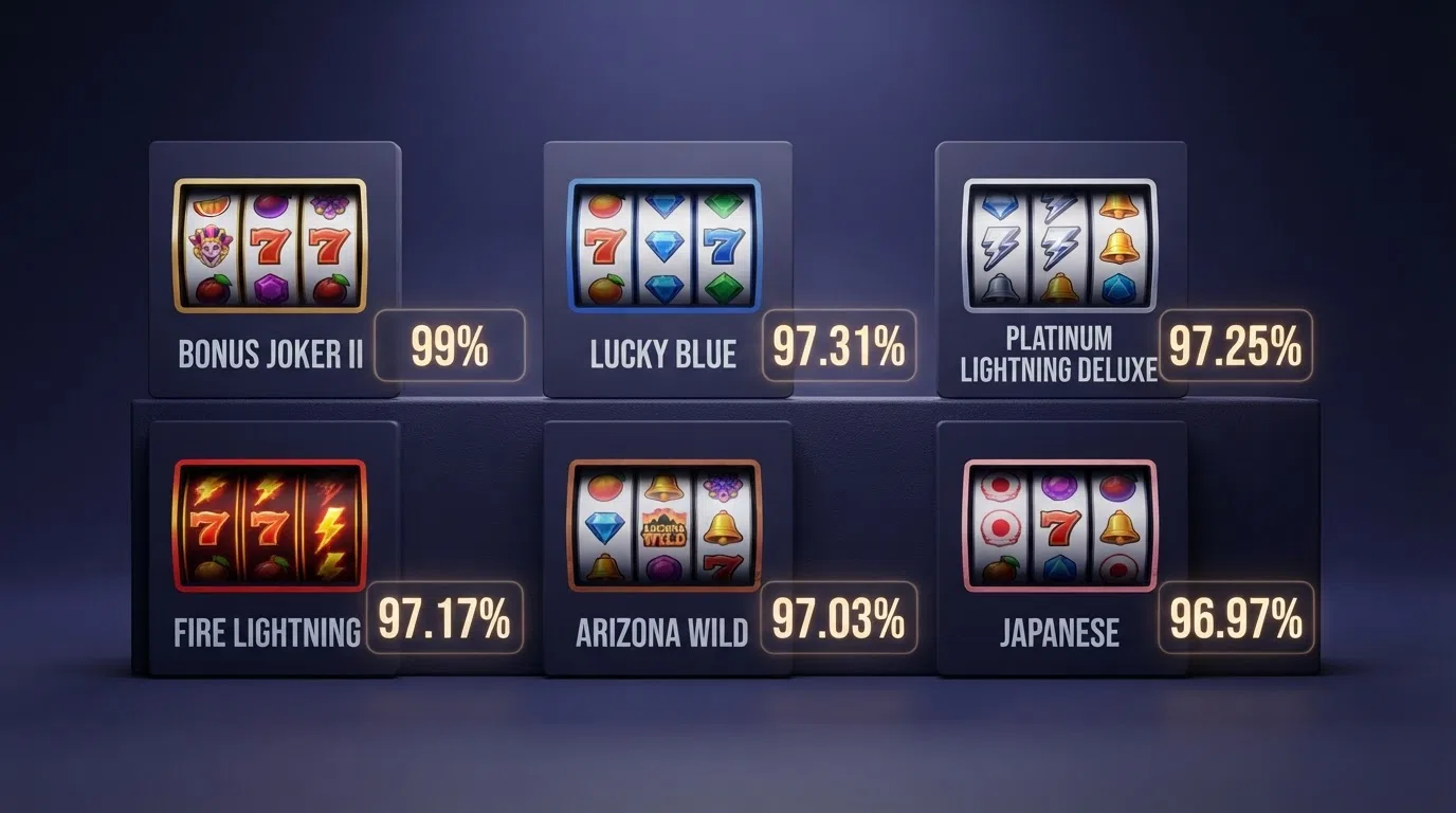 A selection of BGaming slot reels with their RTP percentages displayed as illuminated overlays beside each title card