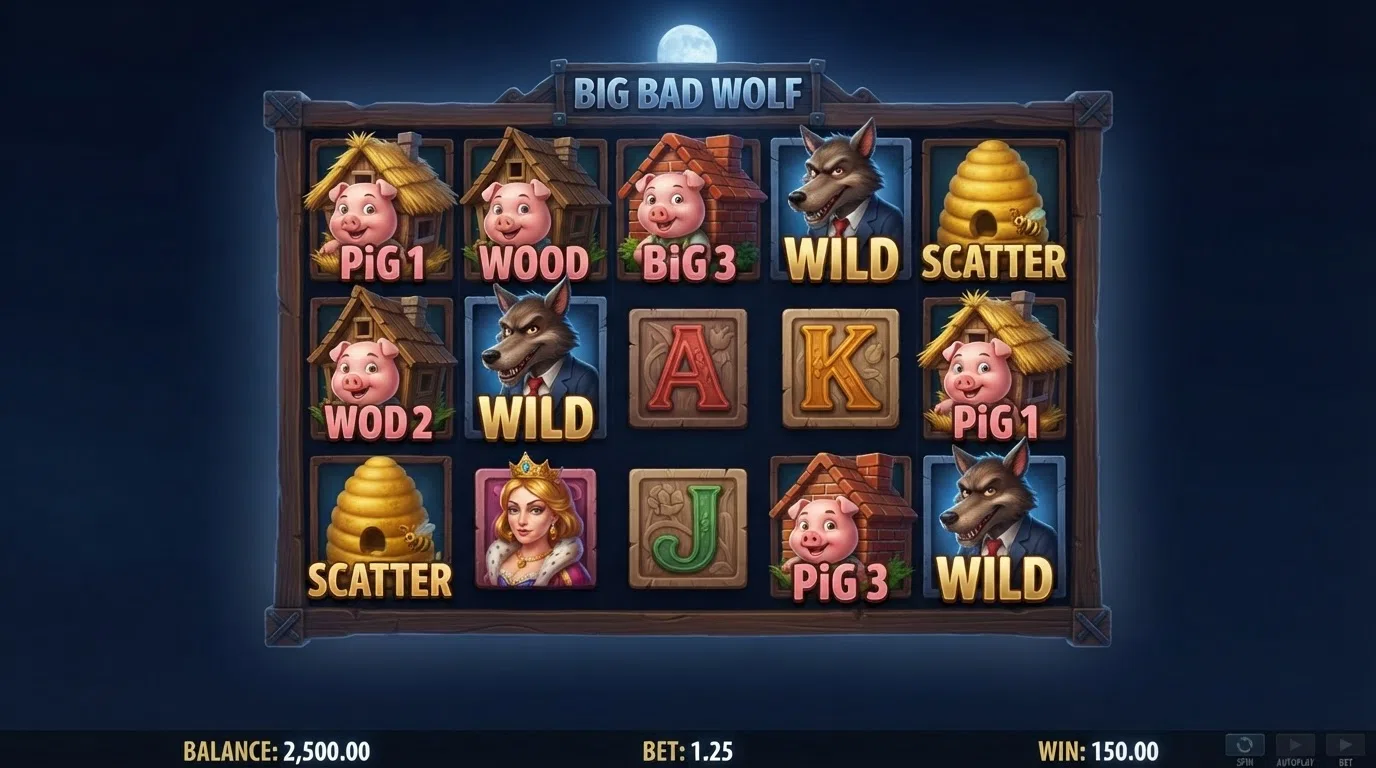 The Big Bad Wolf slot reel grid showing the 5x3 layout with cartoon wolf and pig symbols on a moonlit backdrop