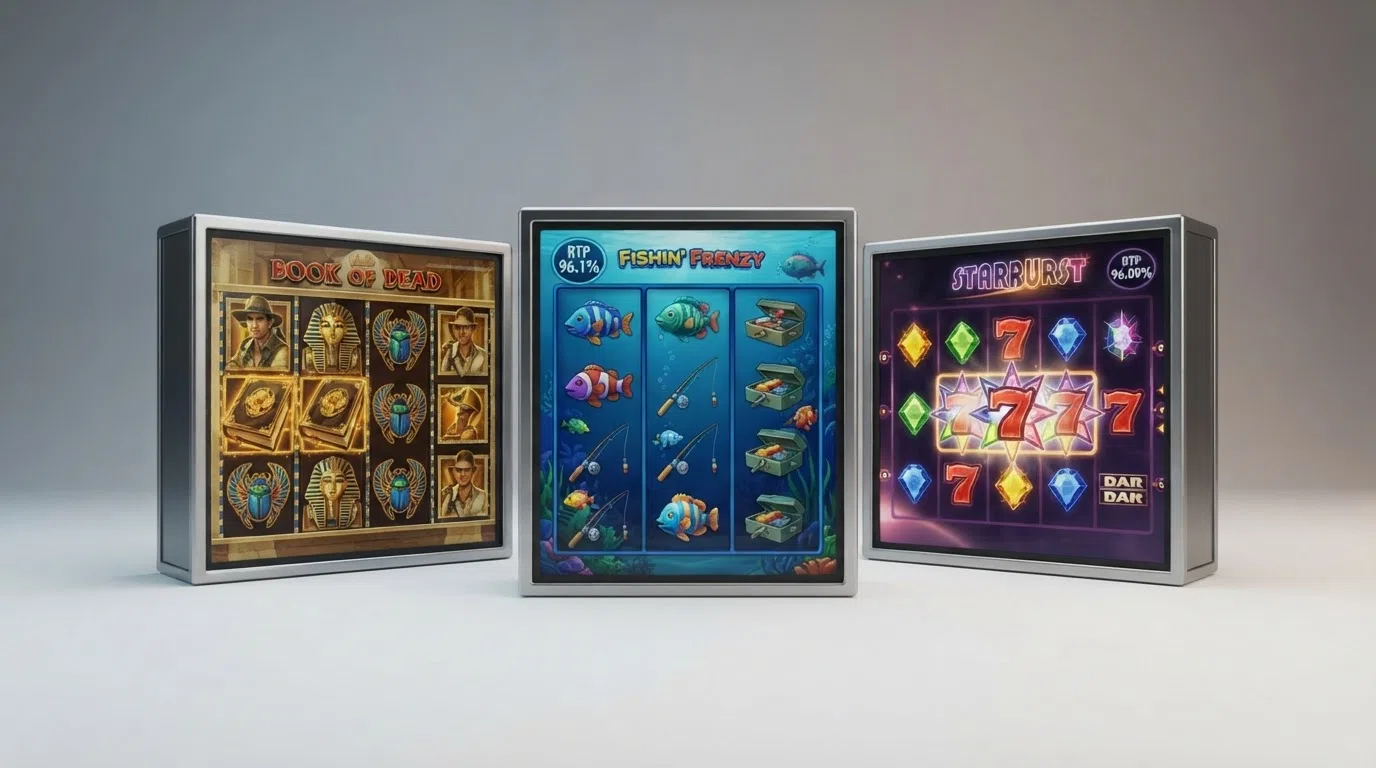 Three slot-reel screens side by side: Big Bass Splash, Book of Dead and Starburst