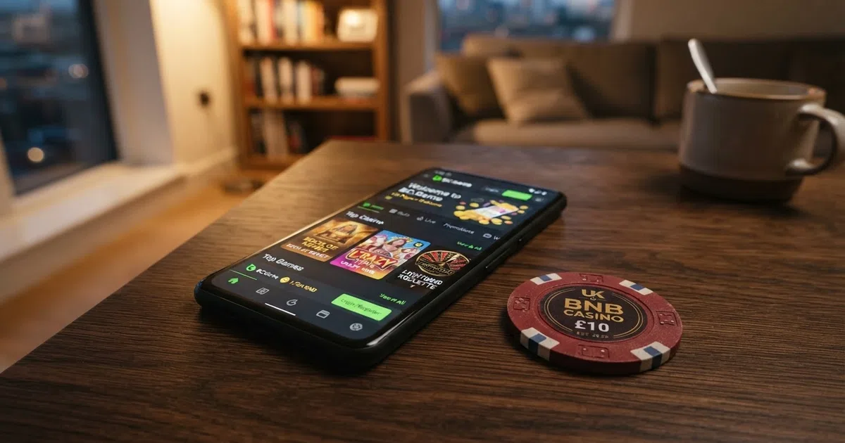 A smartphone screen displaying a crypto casino lobby alongside a physical Binance Coin token and casino chips