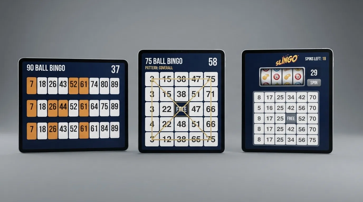 A side-by-side grid comparing 90-ball, 75-ball and Slingo game interfaces — ticket layout, number grid and spin reel each visible