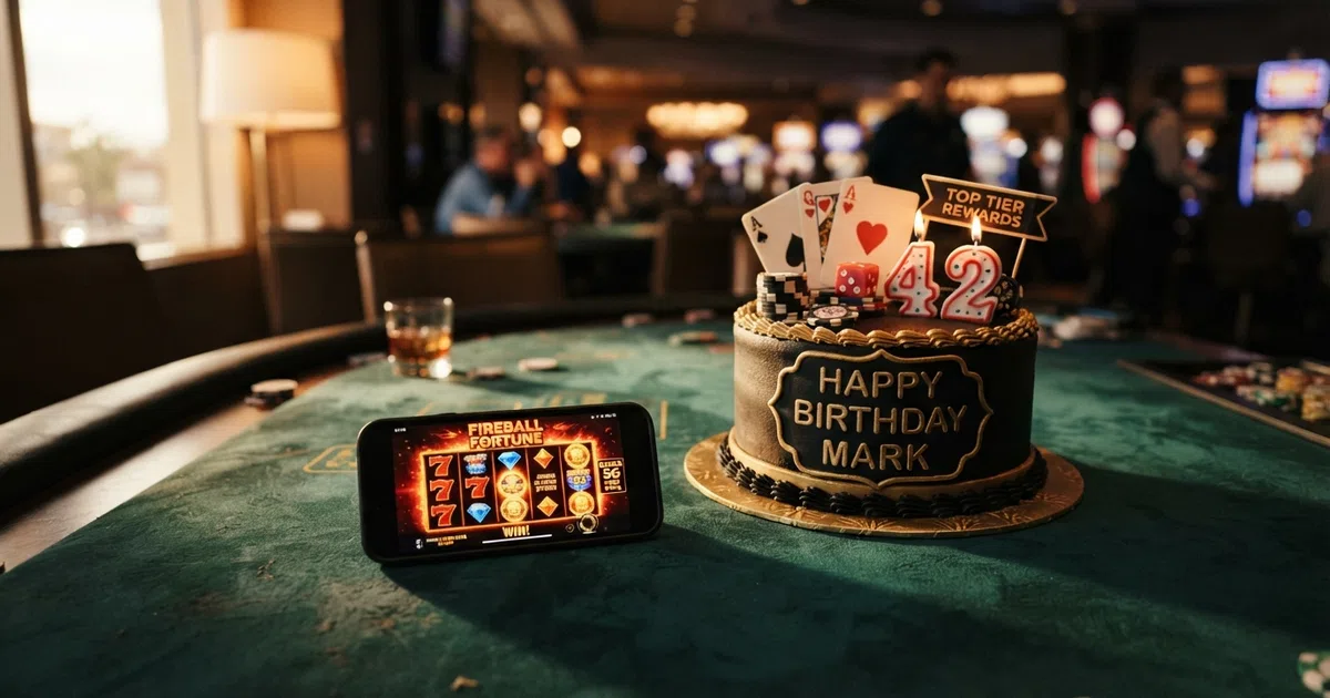 A birthday cake with casino-themed decorations — playing-card toppers, dice-shaped candles and a smartphone screen showing a colourful slot game in the background, set on a dark felt table.