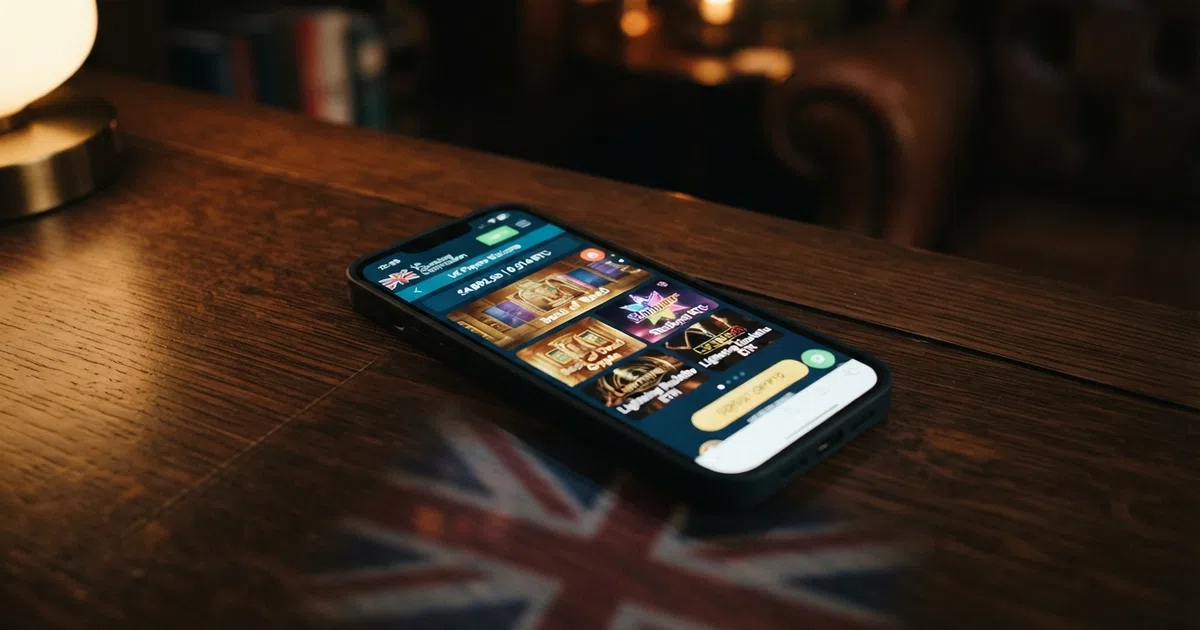 A smartphone screen displaying a Bitcoin Cash wallet balance beside a casino lobby with slot thumbnails and a BCH deposit icon, set against a dark background with the Union Jack subtly reflected