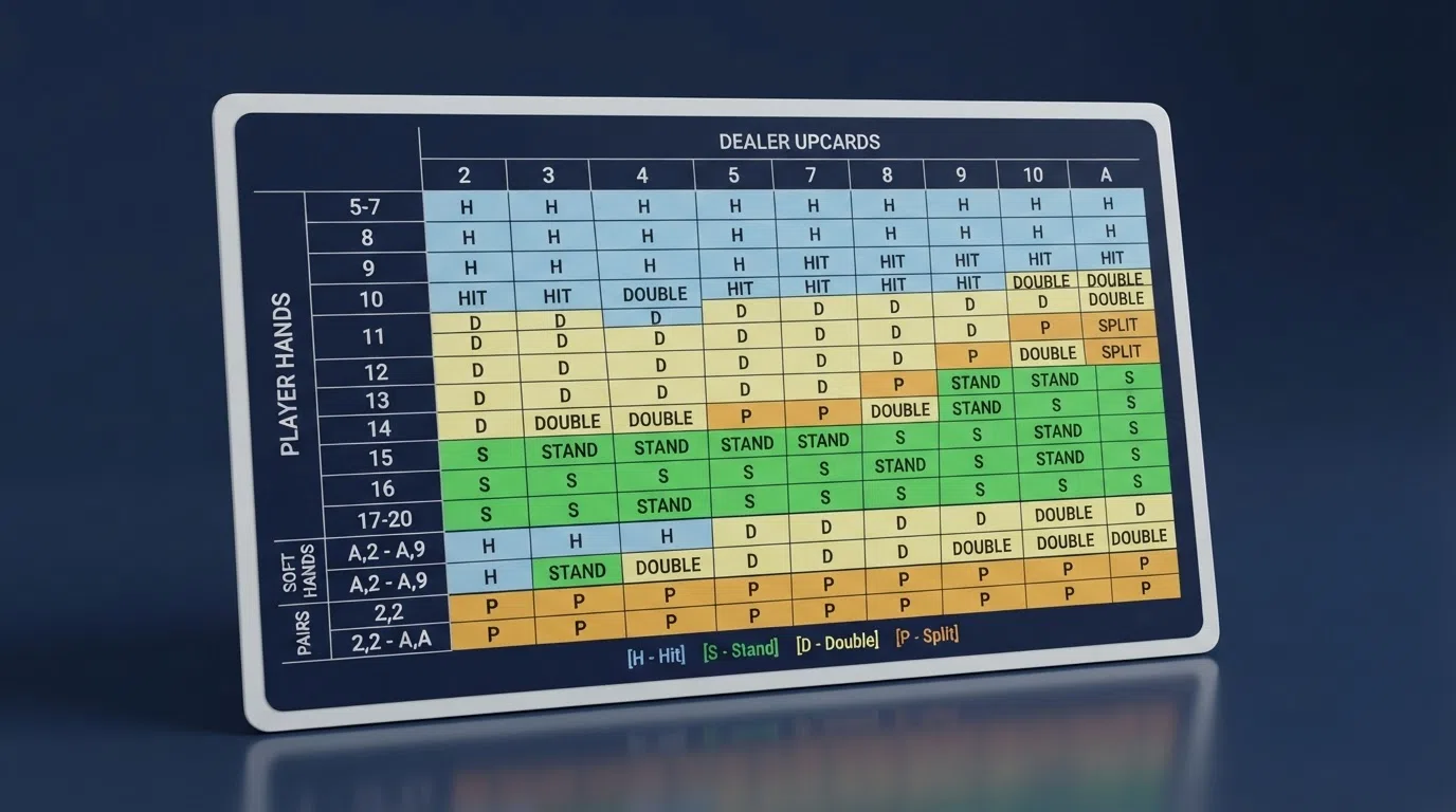 A colour-coded basic strategy chart showing player-hand totals on one axis and dealer upcards on the other, with each cell marked hit, stand, double or split