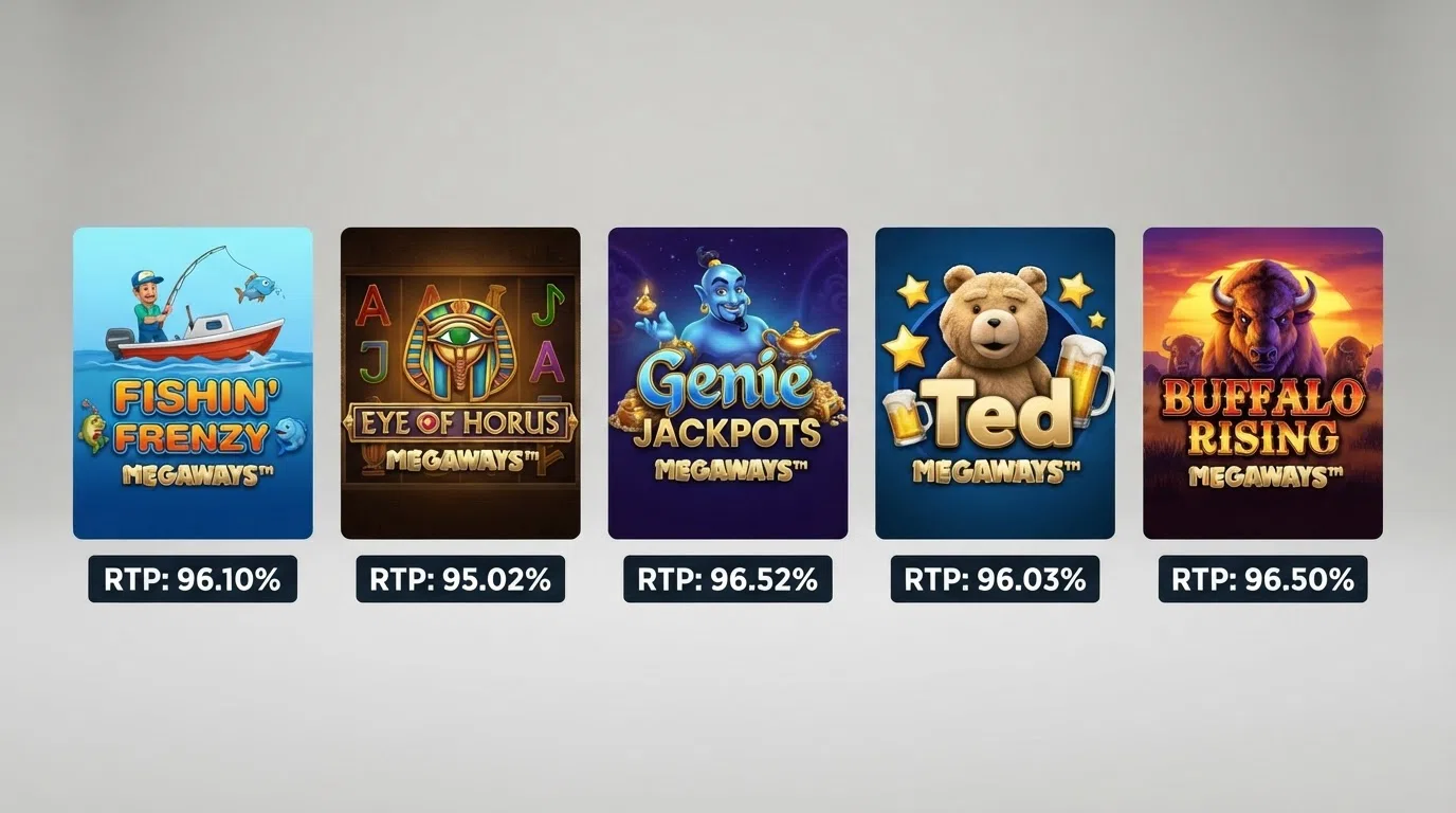 Five Blueprint Megaways slot title cards — Fishin' Frenzy, Eye of Horus, Genie Jackpots, Ted and Buffalo Rising — arranged with their RTP percentages beneath each title