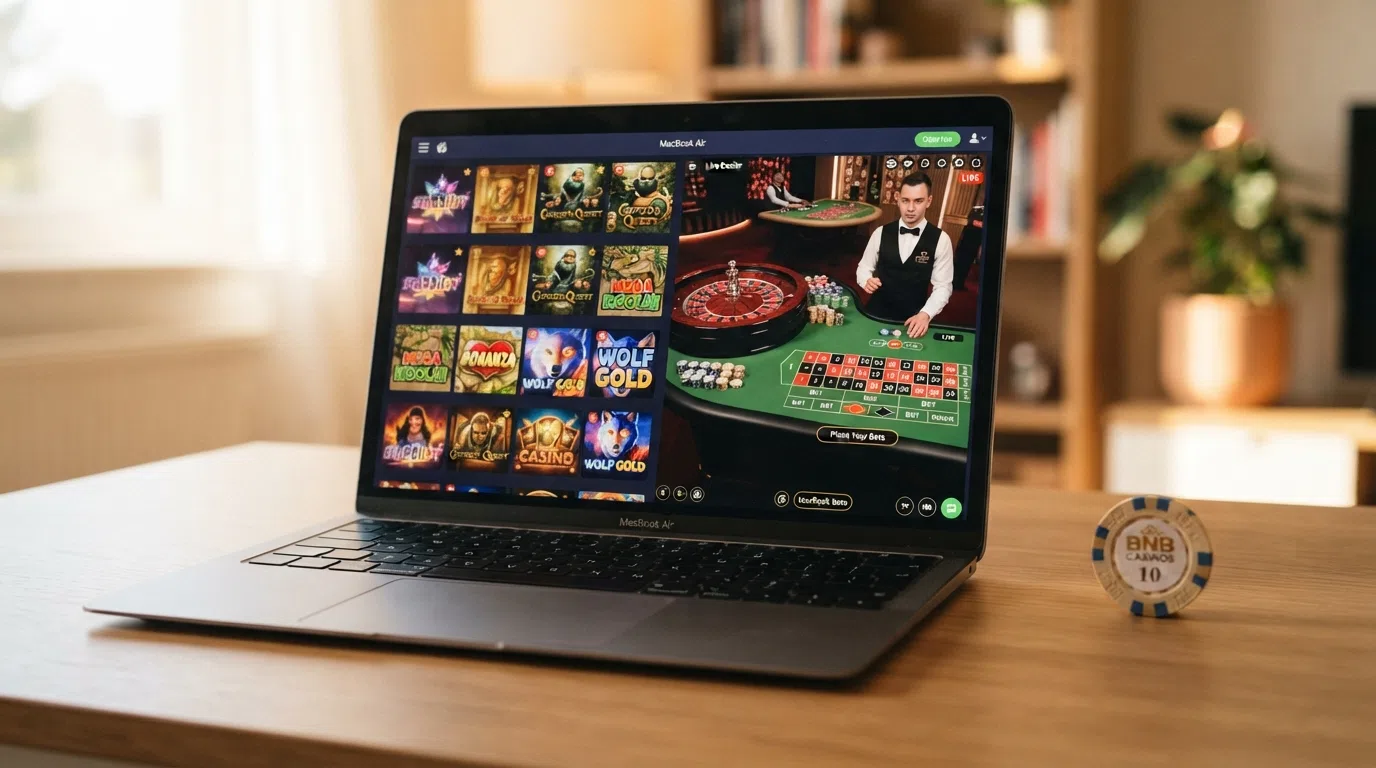 A grid of online slot game thumbnails and a live dealer roulette table on a laptop screen with a BNB deposit option visible