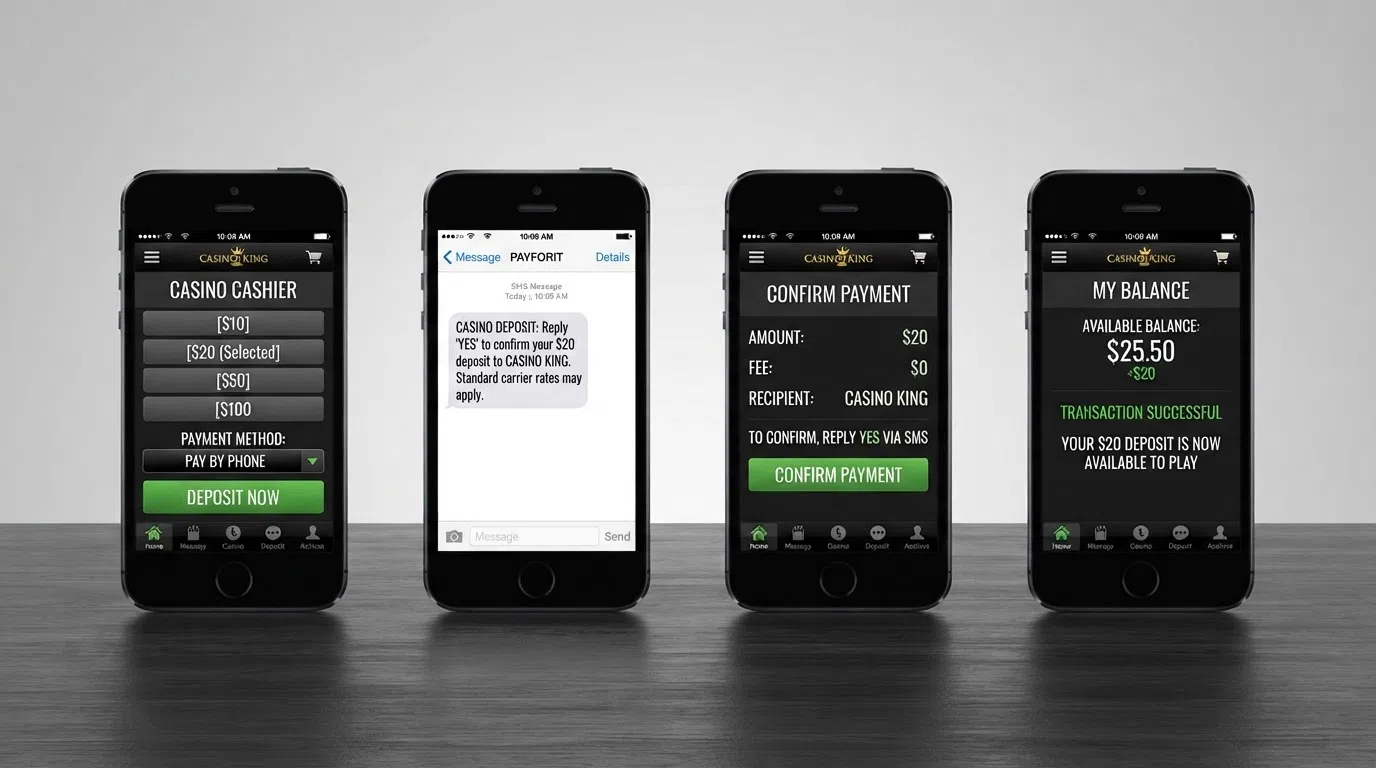 A simplified flow diagram showing the four steps of a Boku casino deposit: select amount in the casino cashier, receive the SMS verification, confirm the payment, see the funds in your casino balance