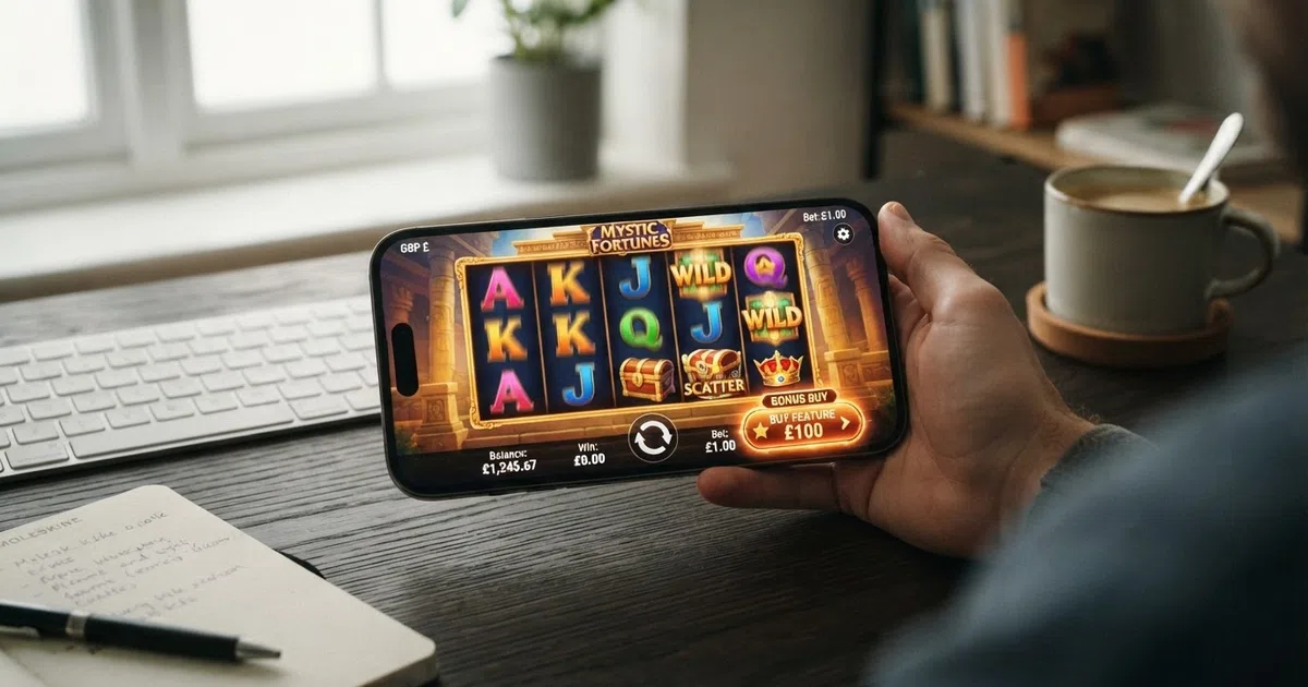 An online slot game interface with reels spinning and a bonus-buy button highlighted on the control panel beside the spin button