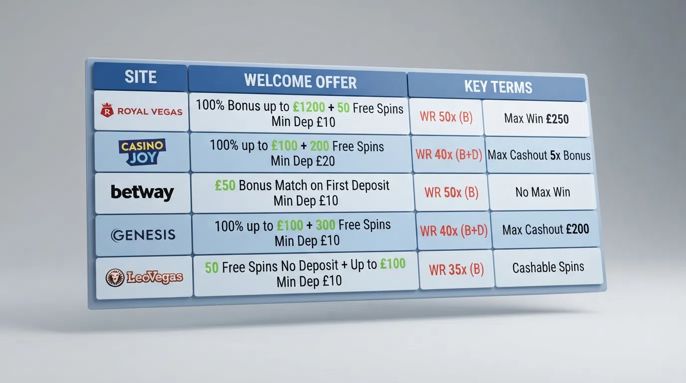 A side-by-side table of ten casino welcome offers with free-spins counts and wagering
