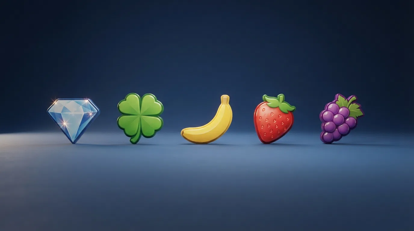 The five Bonus Crab prize symbols displayed in a row — Diamond for real cash, Clover for bonus money, Banana and Strawberry for free spins, and Grapes for loyalty gems — with their reward values listed beneath each