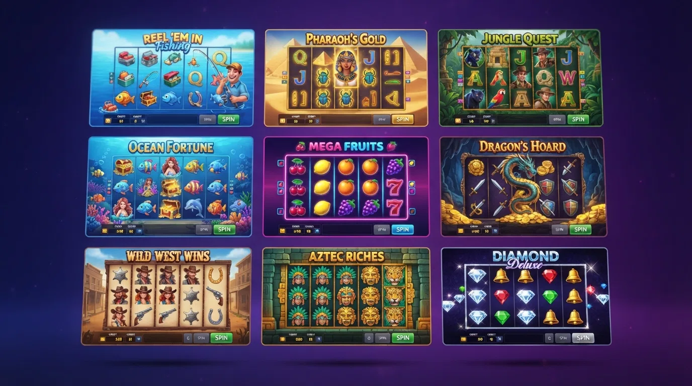 A grid of bonus-eligible slot titles from the featured operators, including Big Bass Splash, Book of Horus, Fishin' Frenzy and Age of the Gods