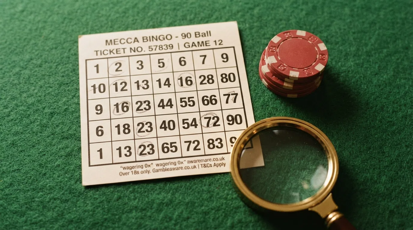 A bingo ticket and a stack of coins side by side, with a magnifying glass over the small-print terms, on a warm felt-green surface