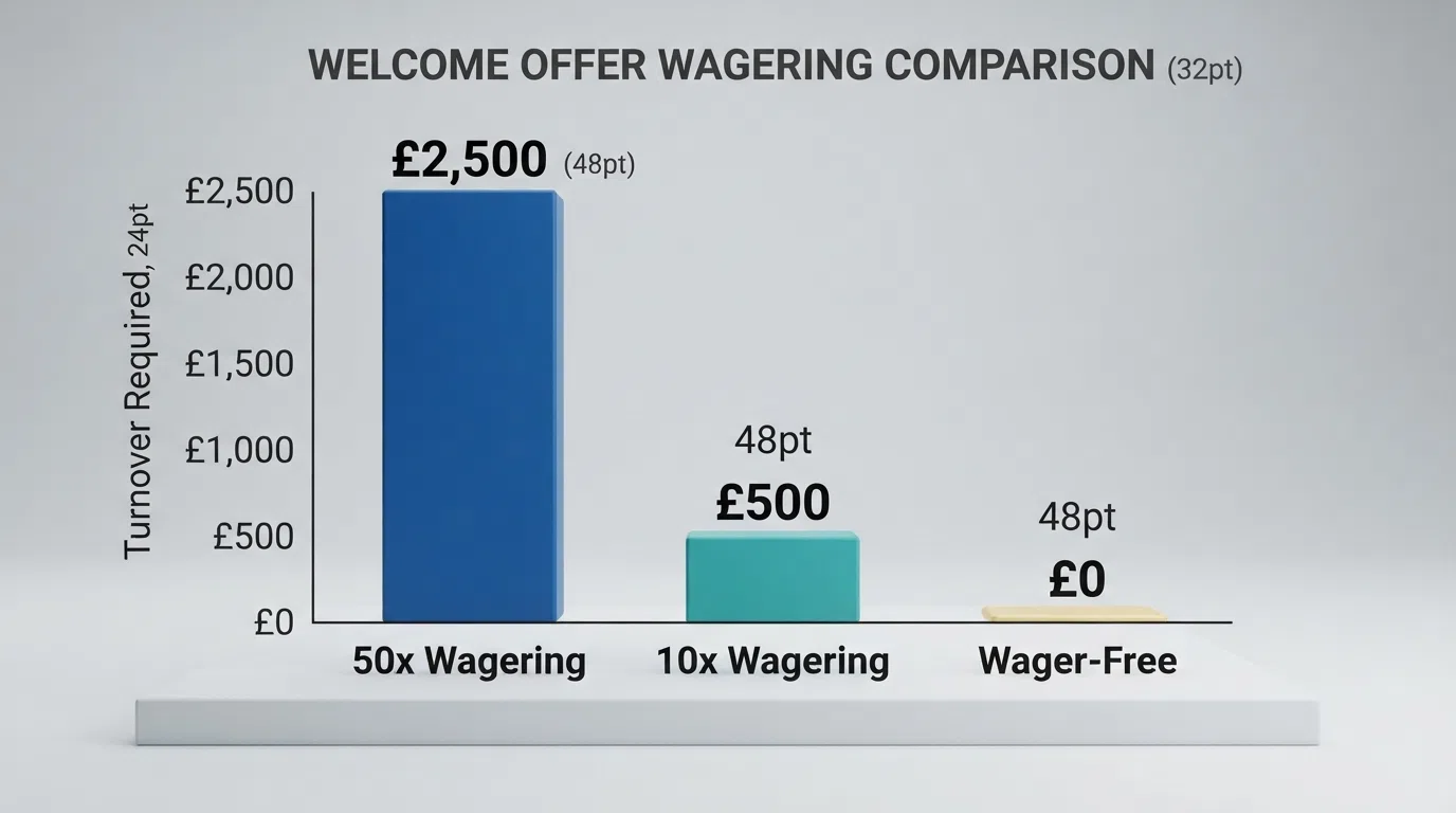 A side-by-side visual comparing a £50 bonus with 50× wagering (£2,500 turnover required) against the same £50 with 10× wagering (£500 turnover required) and a wager-free offer (£0 turnover)