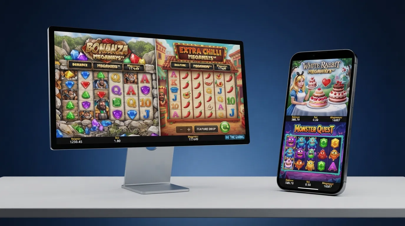 Bonanza Megaways, Extra Chilli Megaways, White Rabbit Megaways and Monster Quest title screens displayed side by side on a desktop and mobile screen