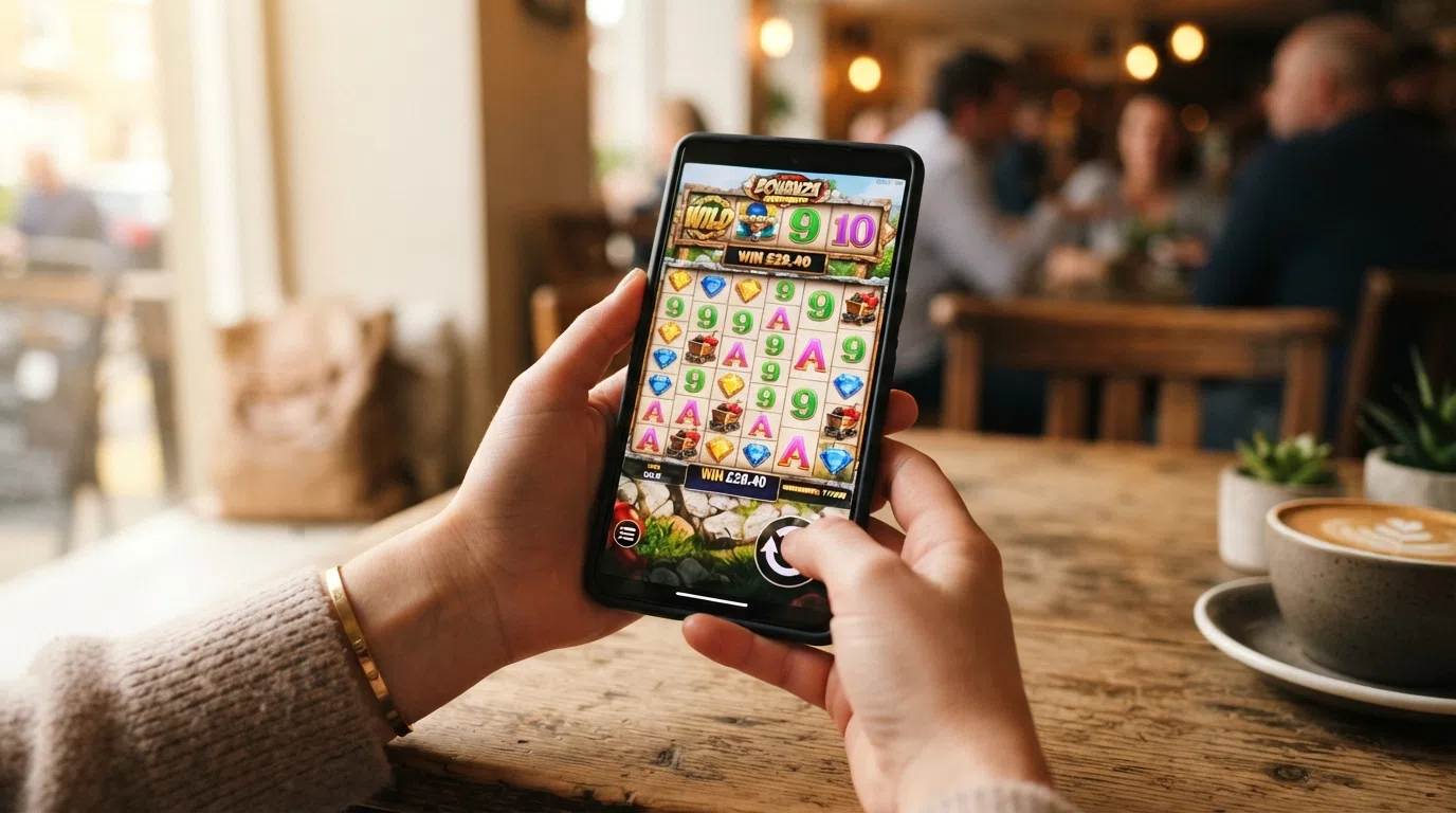 A smartphone held in landscape orientation displaying a Big Time Gaming slot — reels filling the screen with the touch spin button visible at the bottom
