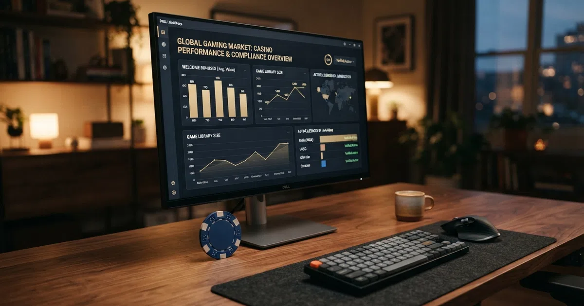 A desktop screen displaying a comparison grid of Cardano casino welcome bonuses, game counts and licence badges side by side