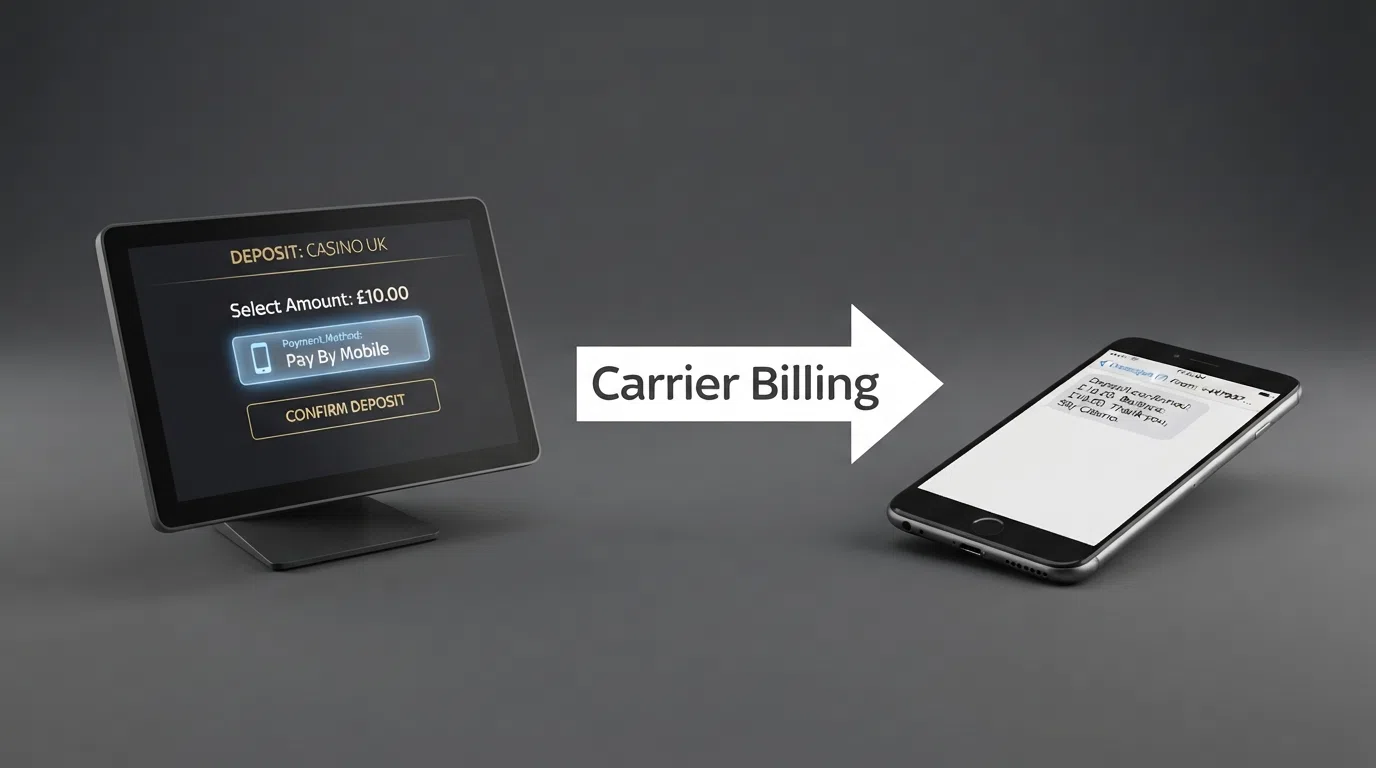 A simplified three-step diagram showing the carrier billing flow: a casino cashier screen on the left, a Fonix/Boku/Siru processing arrow in the centre, and a mobile phone receiving an SMS confirmation on the right