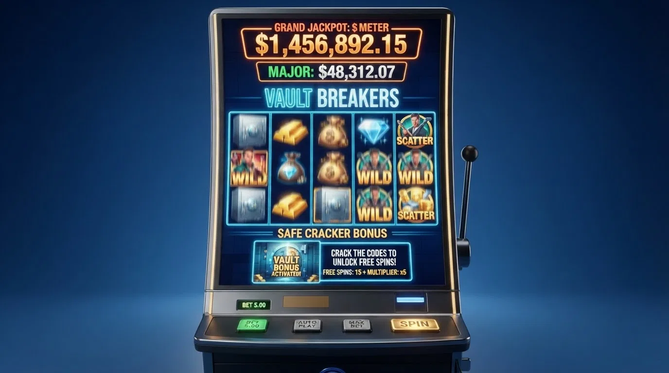Cash Bandits 3 five-reel slot machine with police-themed symbols, the vault bonus feature active on screen, and the progressive jackpot meter displayed above the reels