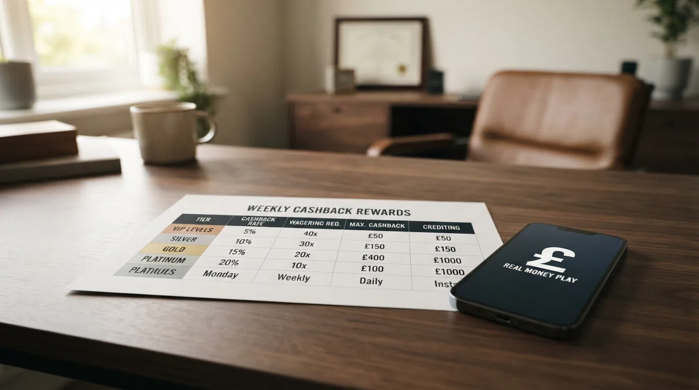 Side-by-side cashback terms for ten UK casino brands, showing rate, wagering and crediting day