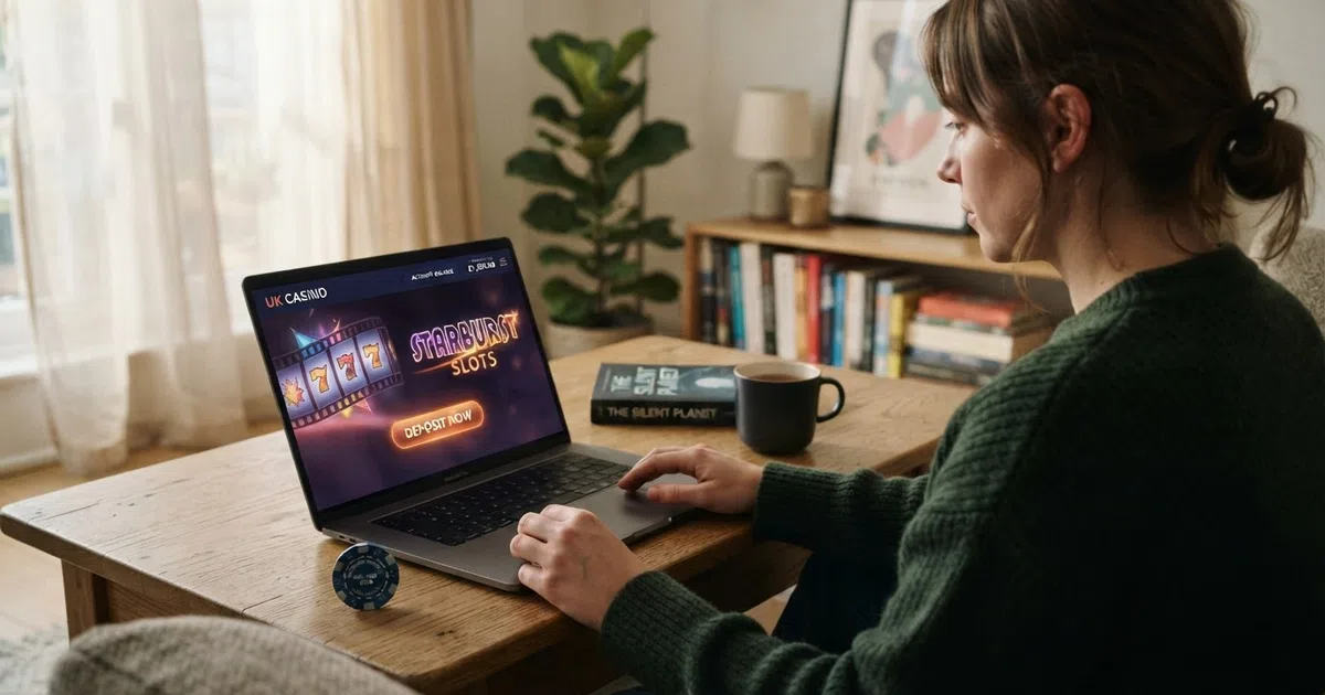 A UK consumer holding a credit card beside a laptop displaying an online casino homepage, with a warning icon overlaid on the card