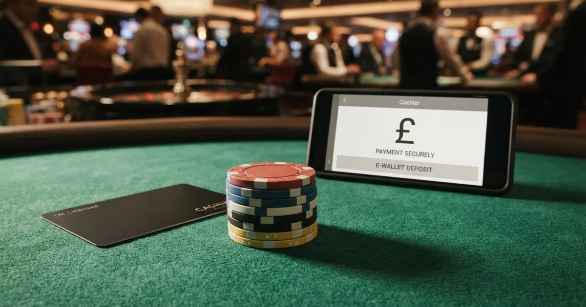 EcoPayz logo beside a stack of UK casino chips on a green felt table, with a smartphone displaying a casino cashier screen in the background.
