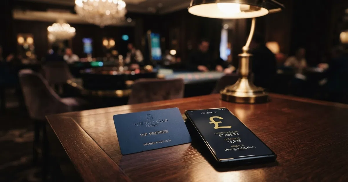 A premium casino loyalty card and smartphone displaying a VIP programme dashboard, set against a dark background with gold accents